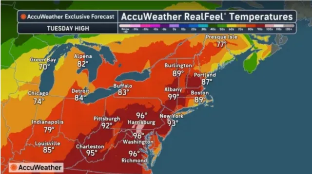 A map from AccuWeather shows feels-like temperatures on Tuesday for the Northeast and Mid-Atlantic.