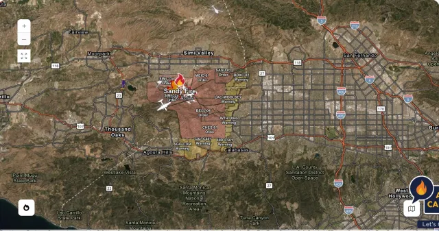 Cal Fire map shows evacuation orders (red) and evacuation warnings (yellow) as the fire encroached onto Los Angeles County.