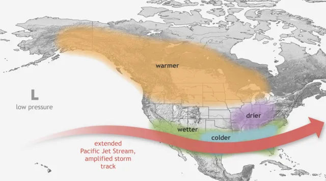 This NOAA map shows that wetter, warmer conditions can be felt across the U.S. West during El Niño winters, although wetter conditions could begin in the Southwest as early as June.