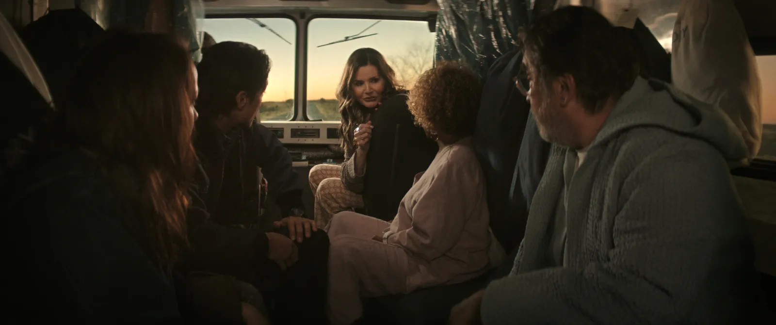 The Boroughs. (L to R) Jena Malone as Claire Cooper, Carlos Miranda as Paz Navarro, Geena Davis as Renee, Alfre Woodard as Judy, Alfred Molina as Sam in The Boroughs. Cr. Courtesy of Netflix © 2026