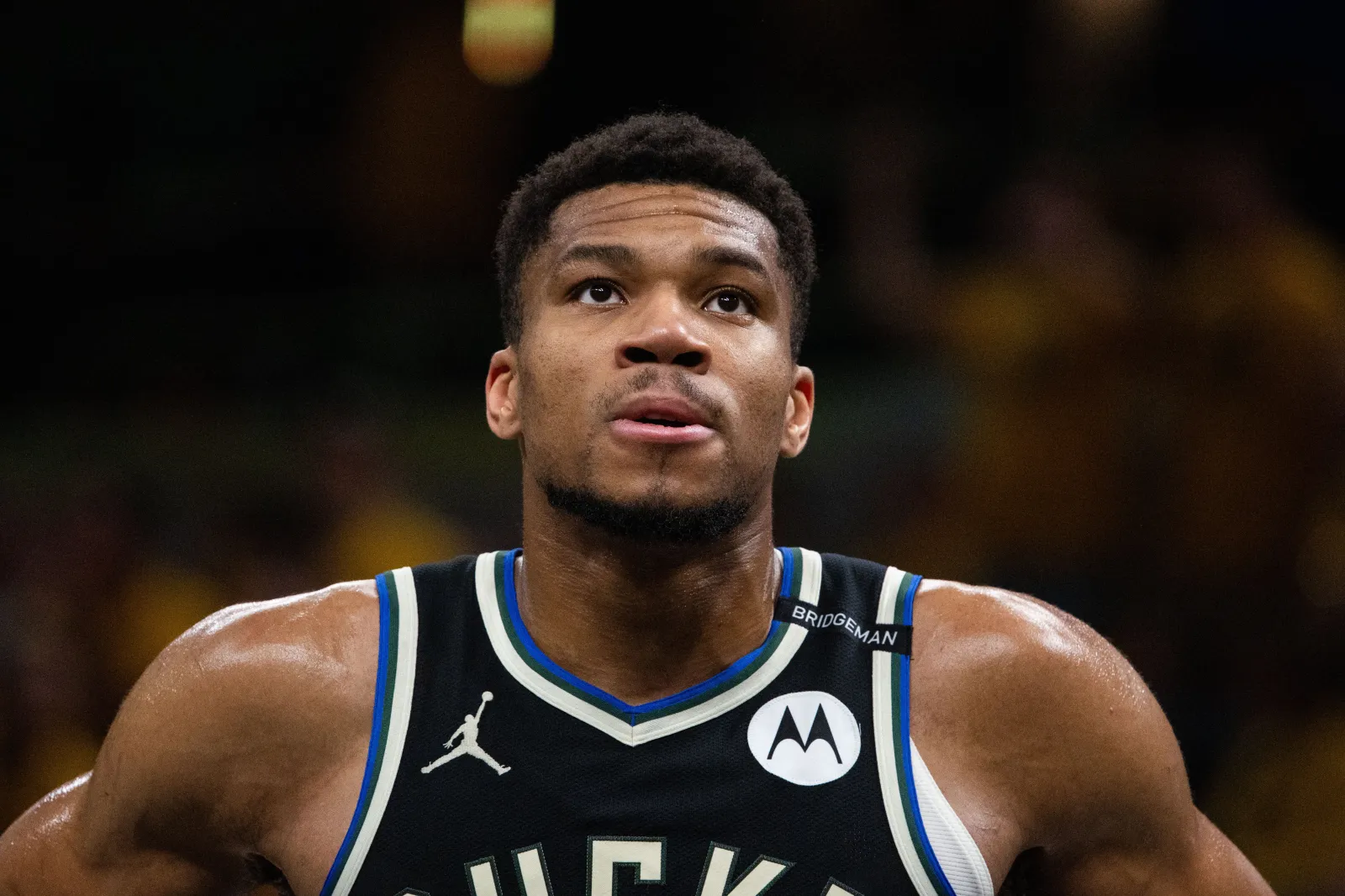 Apr 29, 2025; Indianapolis, Indiana, USA; Milwaukee Bucks forward Giannis Antetokounmpo (34) during game five of the first round for the 2024 NBA Playoffs against the Indiana Pacers at Gainbridge Fieldhouse. Mandatory Credit: Trevor Ruszkowski-Imagn Images