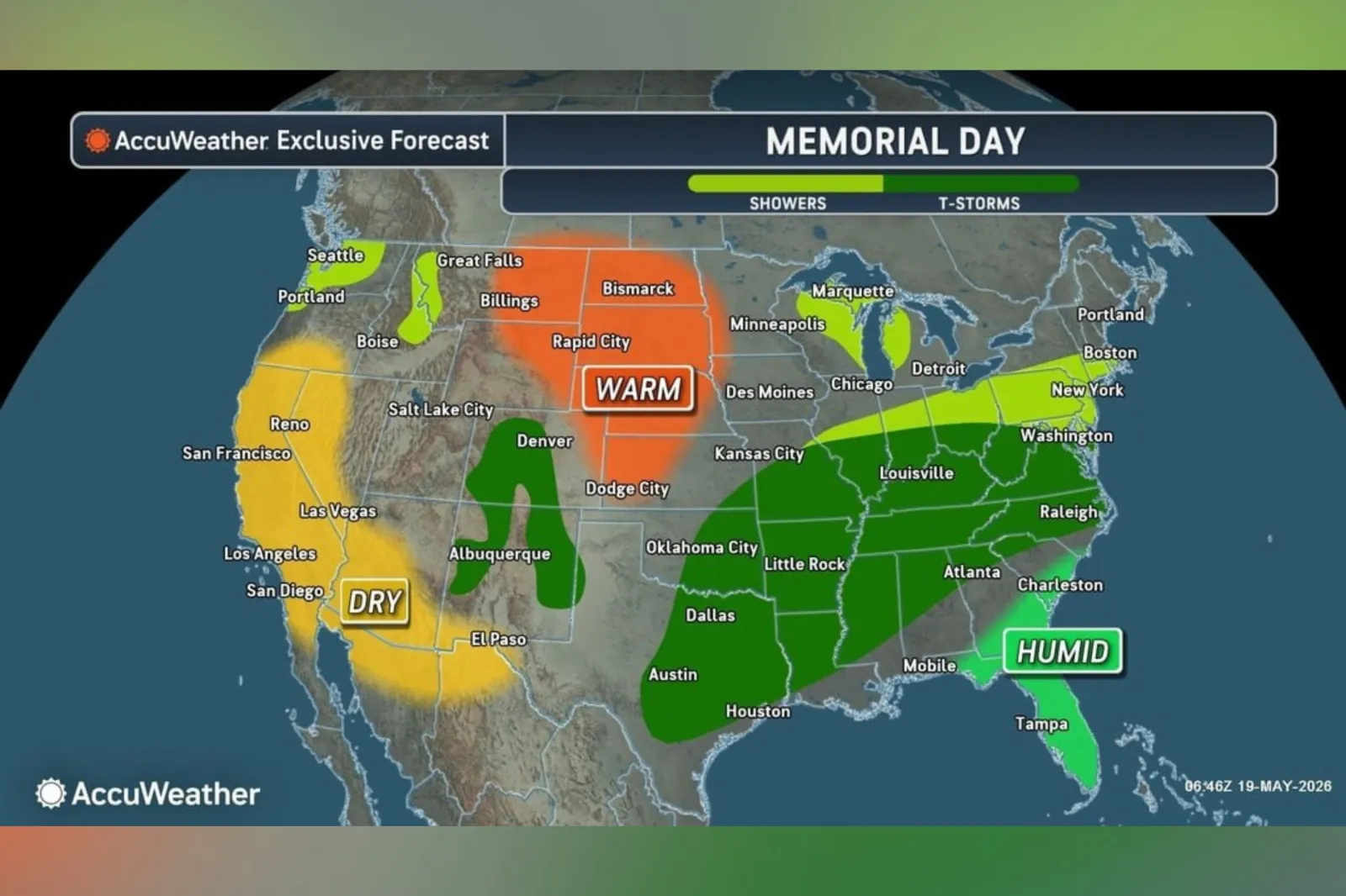 AccuWeather's forecast map shows Memorial Day weather across the U.S.