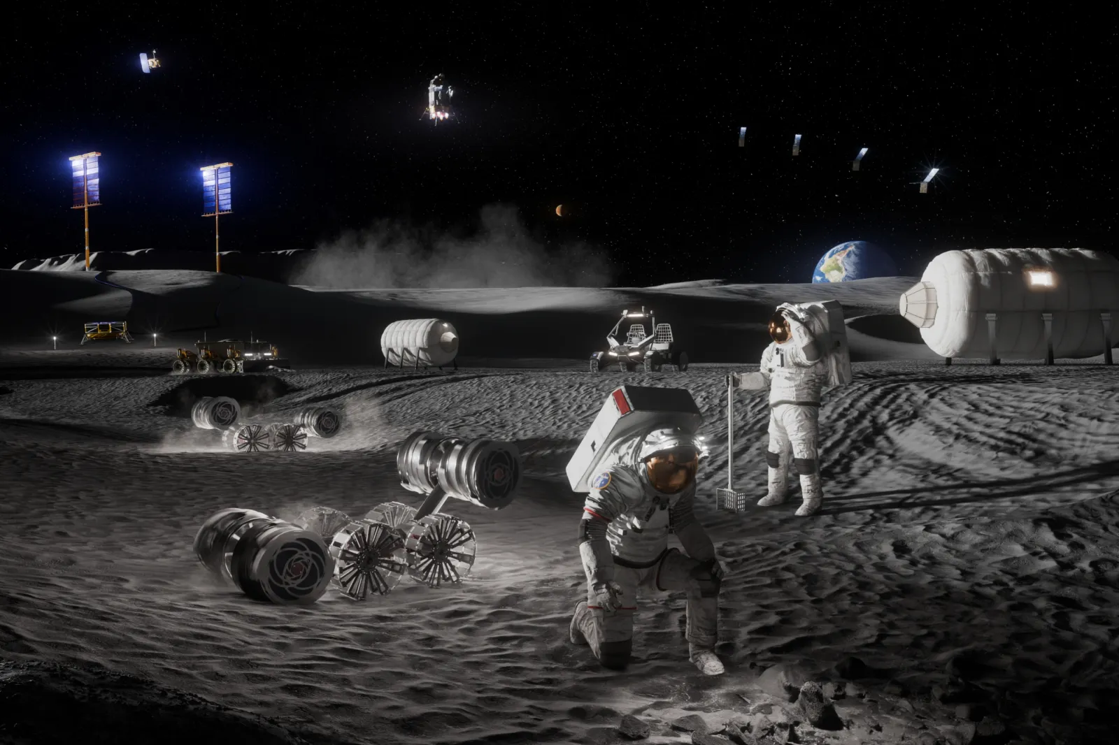 An artist’s rendering shows astronauts, habitats, rovers, power systems and cargo operations at the Moon Base near the lunar South Pole.