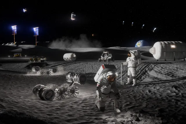 An artist’s rendering shows astronauts, habitats, rovers, power systems and cargo operations at the Moon Base near the lunar South Pole.
