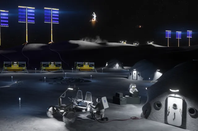 An artist’s rendering shows habitats, power systems, cargo landers, rovers, and astronauts working near the lunar South Pole.