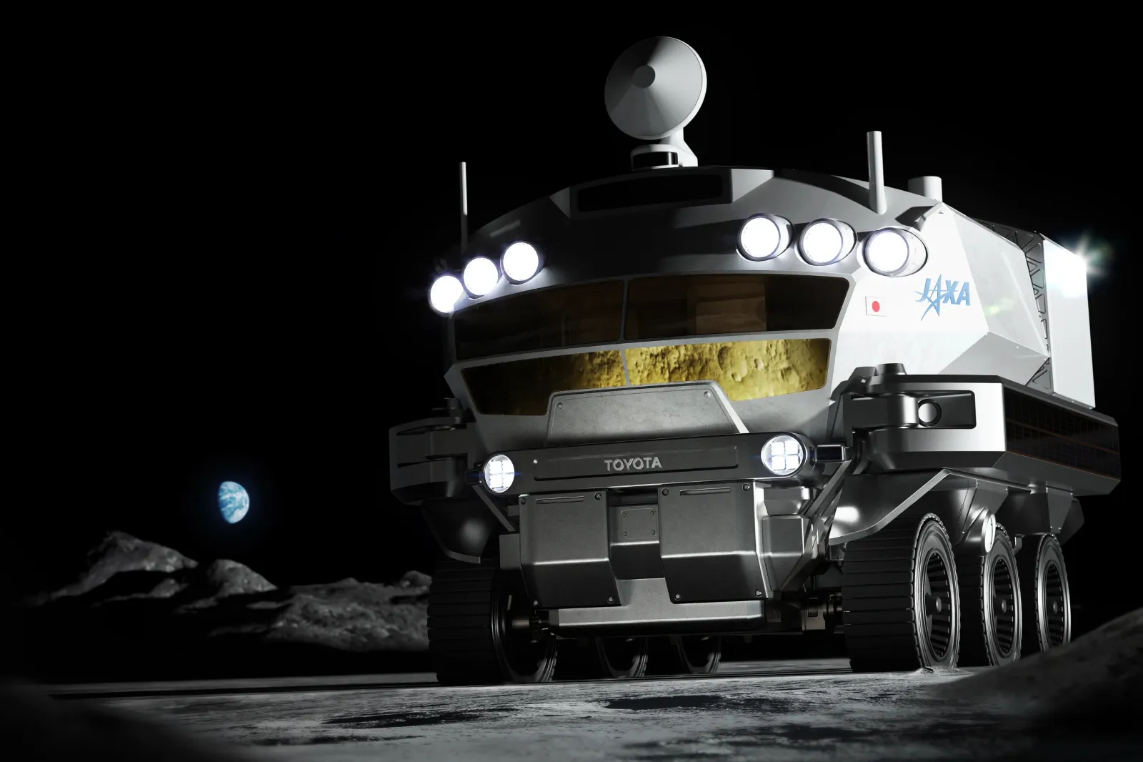 A concept image of JAXA’s pressurized rover is seen as it travels on the surface of the Moon. (JAXA/Toyota)