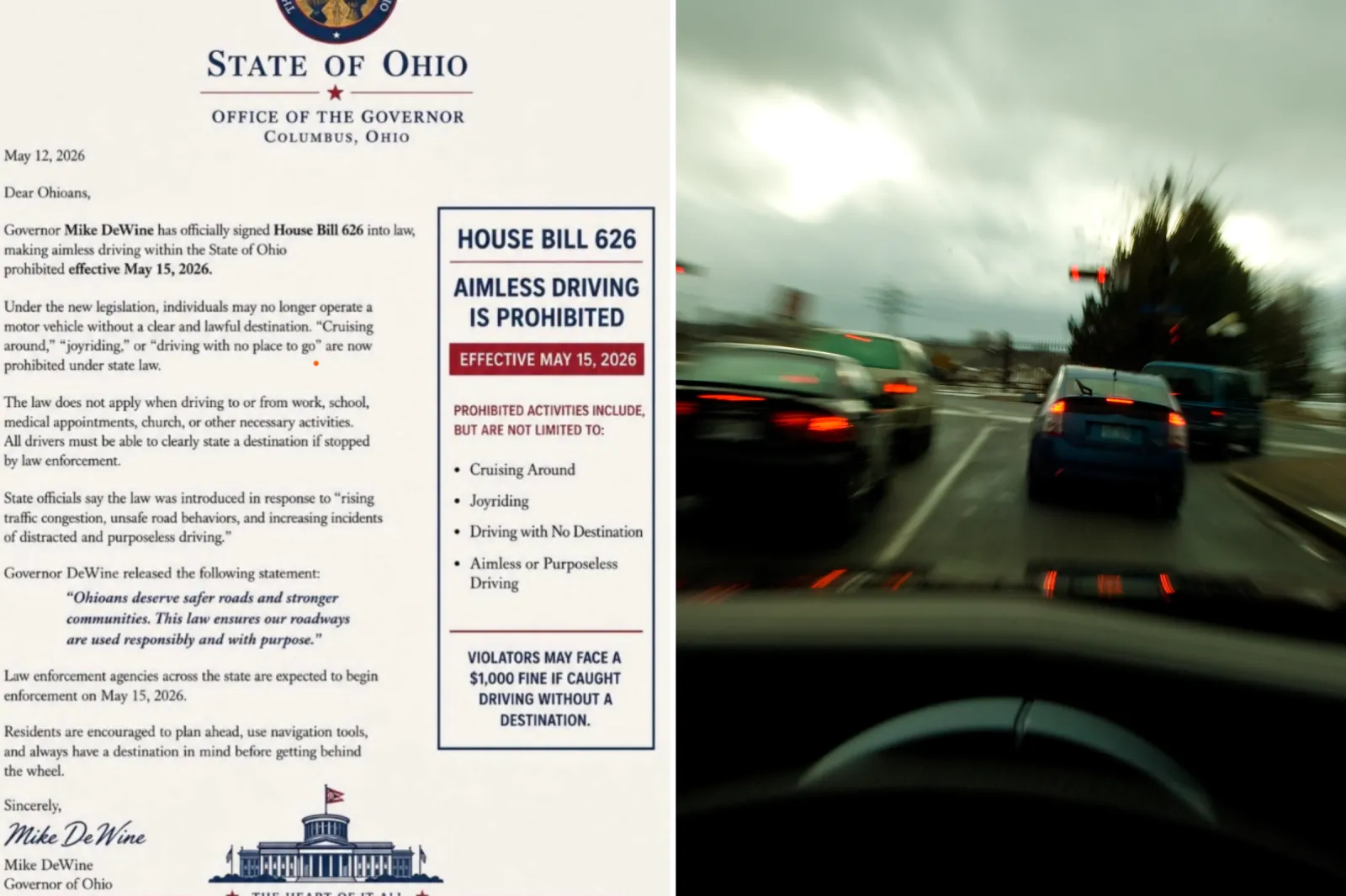 A screenshot of the fake letters circulating on social media, left, and a stock image of cars driving on a highway.