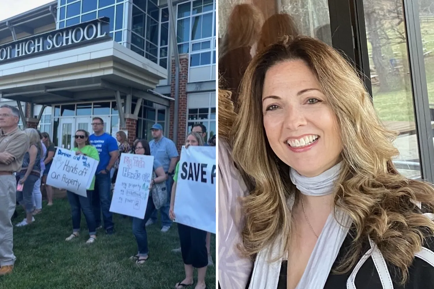 A data center protest, left, and Elena Schlossberg, executive director of the Coalition to Protect Prince William County, right.