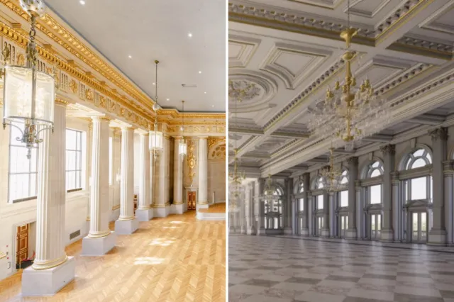 A picture of the Andrew W. Mellon Auditorium, left, and a mock-up of the new White House ballroom, right.