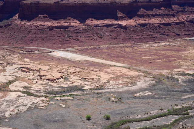 The closed Hite marina and boat launch sits on dry land where the waters of Lake Powell use to be on April 23, 2026 in Lake Powell, Utah.