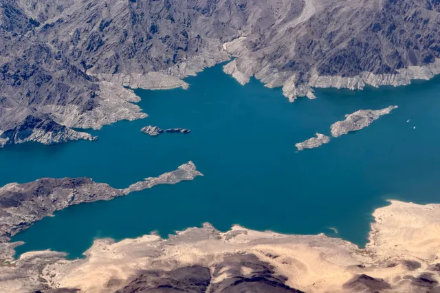 Aerial view of Boulder Basin, with a bathtub ring indicating long-term water loss in July 2025.