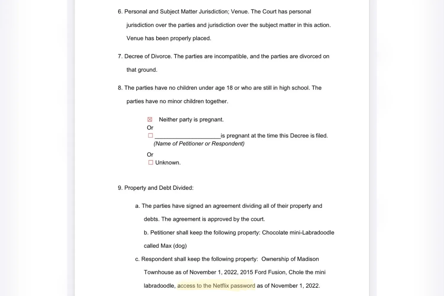 A picture of the divorce papers that specified the Netflix clause.
