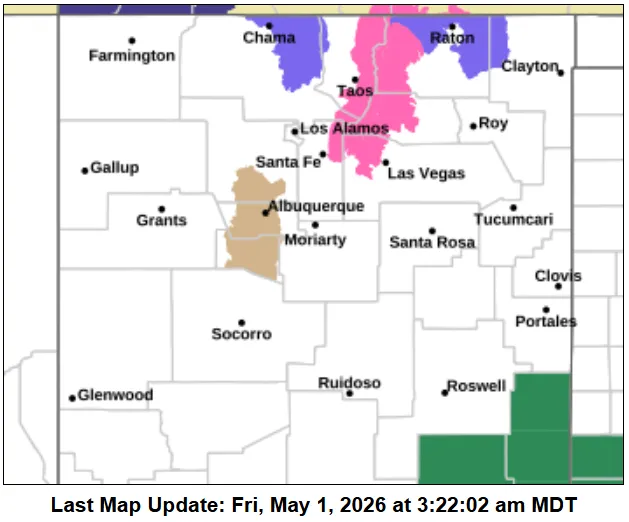 NWS Albuquerque forecast, pink = winter storm warning, purple = winter weather advisory, beige = wind advisory and green = flood watch