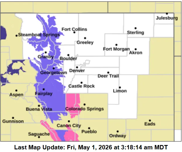 NWS Forecast Office Denver/Boulder, CO, light purple = winter weather advisory, dark purple = freeze warning, pink = winter storm warning