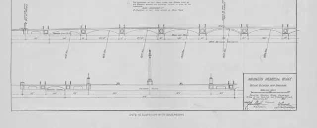 A screenshot of a detailed outline of how the bridge and the two 166-foot columns on Columbia Island would look, submitted as parts of the 1924 commission report.
