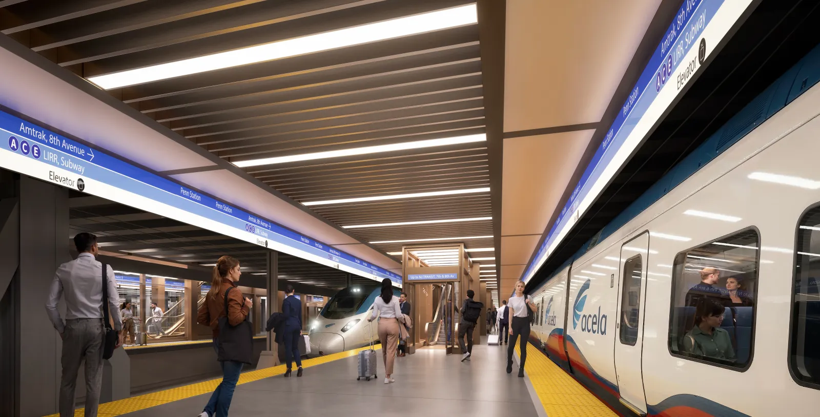 A rendering of a subway platform at the new Penn Station.
