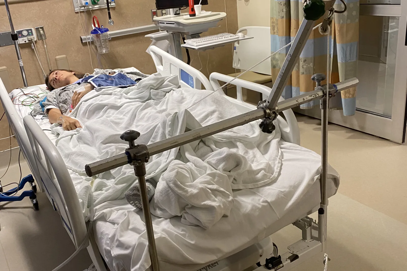 Scarpati pictured recovering in hospital after the accident.