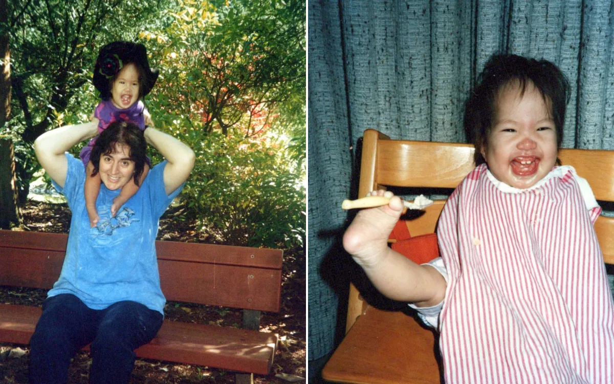 Anna with her mom and learning to use her feet.