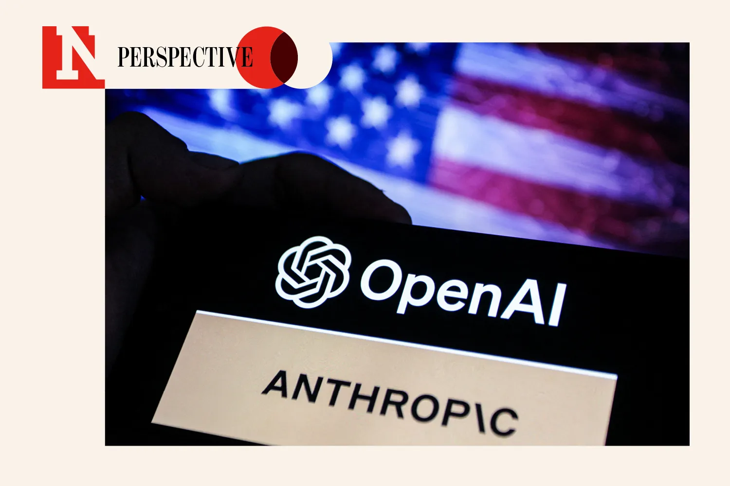 A smartphone screen displays the logos of OpenAI and Anthropic against a blurred backdrop of the American flag on June 17, 2026.