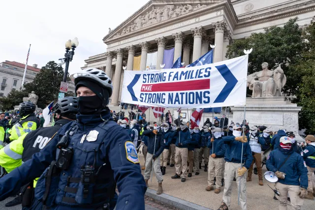 Members of Patriot Front demonstrate near the National Archives in Washington, D.C., on January 21, 2022.