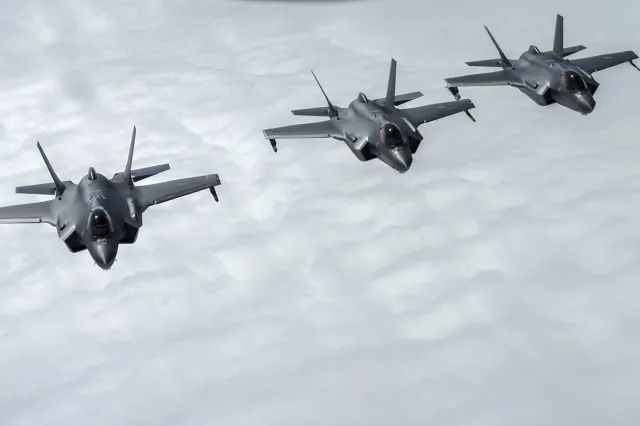 Norwegian F-35 Lightning fighters are seen during the Arctic Challenge Exercise at Orlandet air station, Norway, on June 1, 2023.
