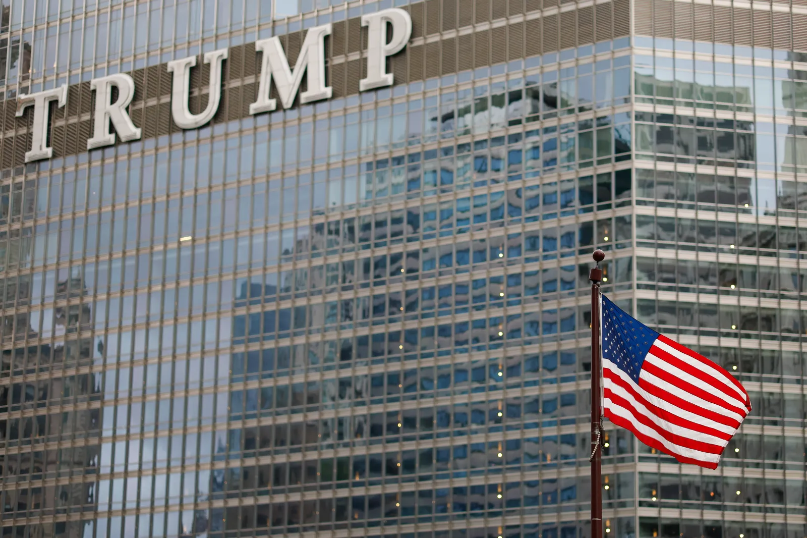 An American flag flies outside the Trump International Hotel & Tower building on June 8, 2024, in Chicago. (Aaron M. Sprecher via AP)