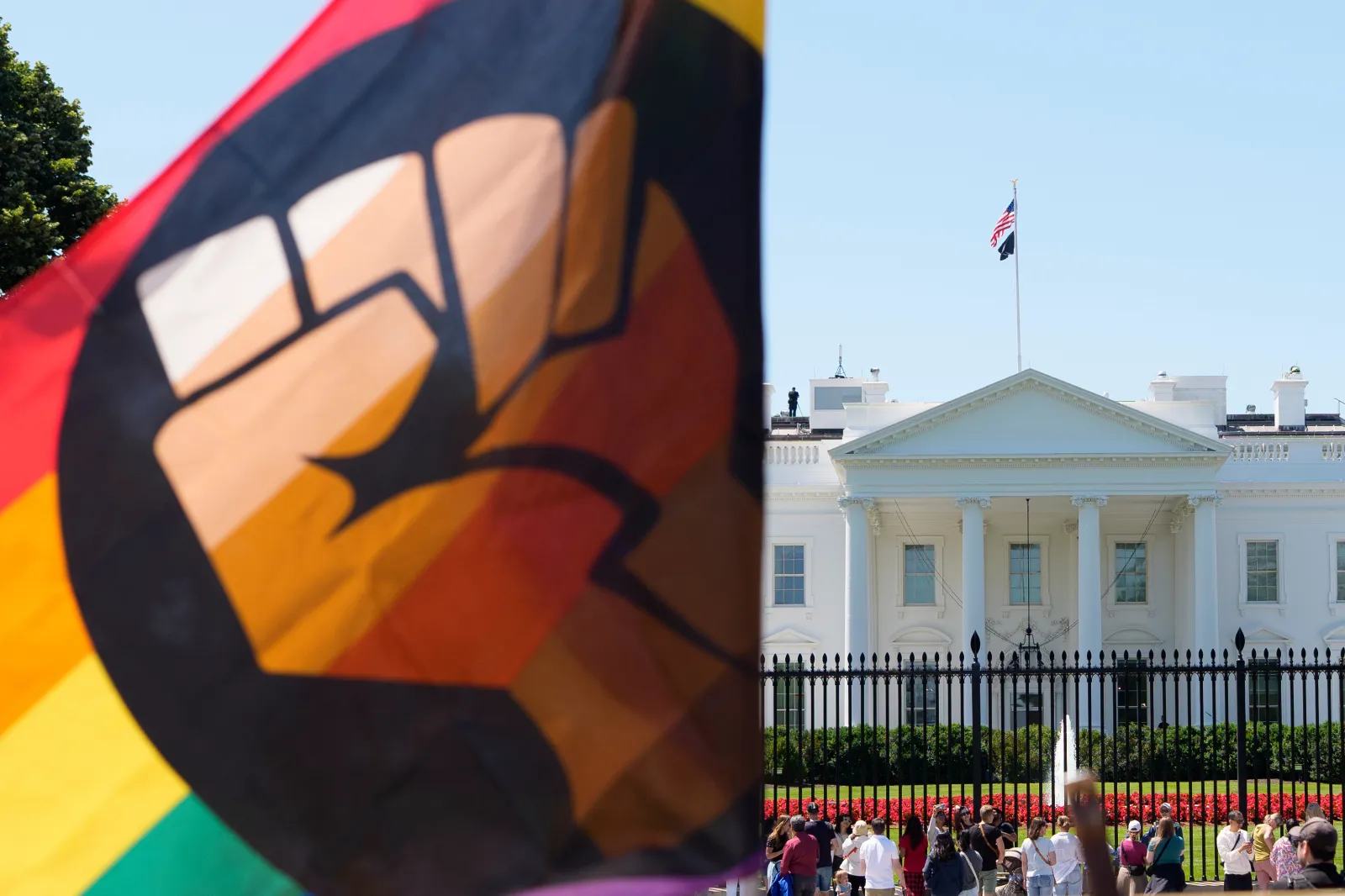 A pride flag in front of the White House in Washington on June 2, 2025. (Photo by Aaron Schwartz/Sipa USA)(Sipa via AP Images)