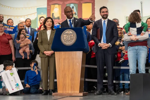 New York City Schools Chancellor Kamar Samuels speaks during a press conference at Sugar Hill Children's Museum of Art & Storytelling on March 3, 2026, in New York. (AP Photo/Yuki Iwamura)