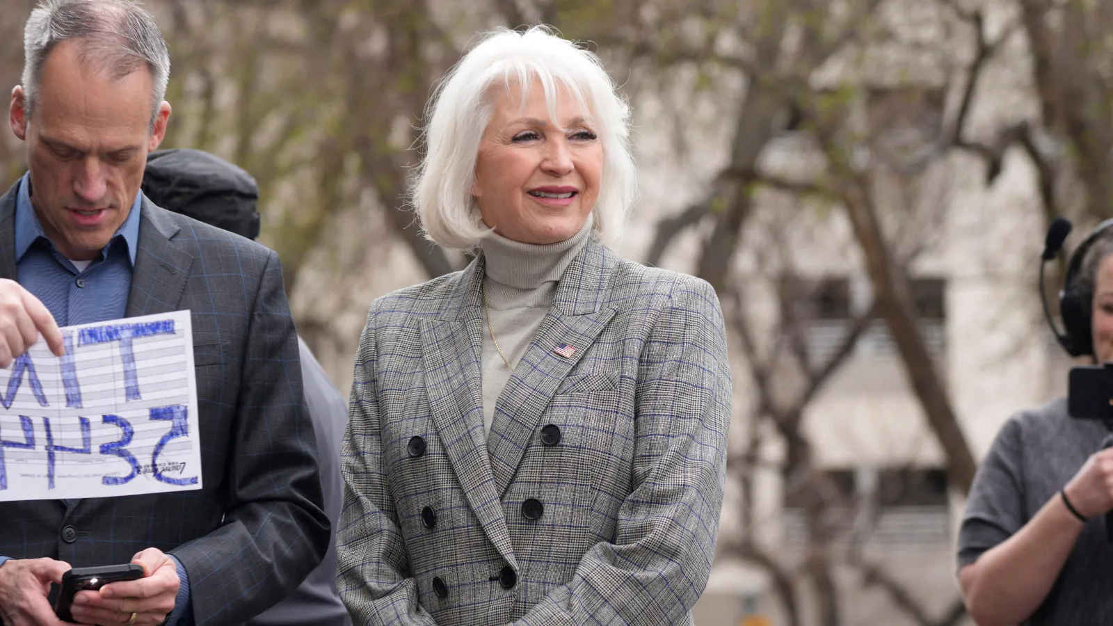 Mesa County, Colo., clerk Tina Peters talks on the west steps of the State Capitol Tuesday, April 5, 2022, in downtown Denver. (AP Photo/David Zalubowski, File)