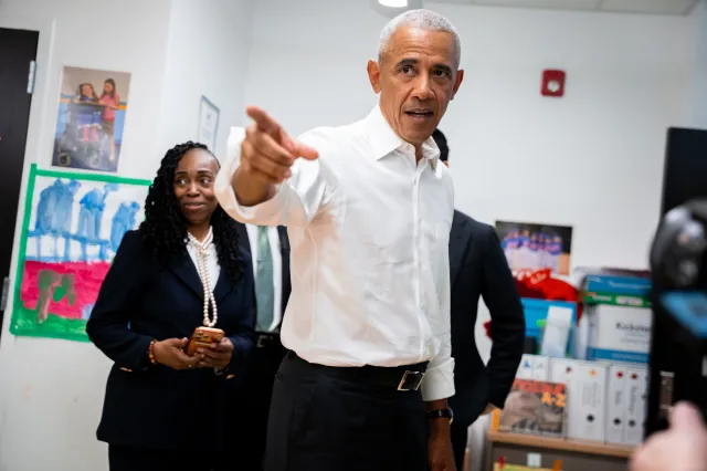 Former President Barack Obama visits Learning Through Play Pre-K in the Bronx in New York, Saturday, April 18, 2026. (AP Photo/Angelina Katsanis)