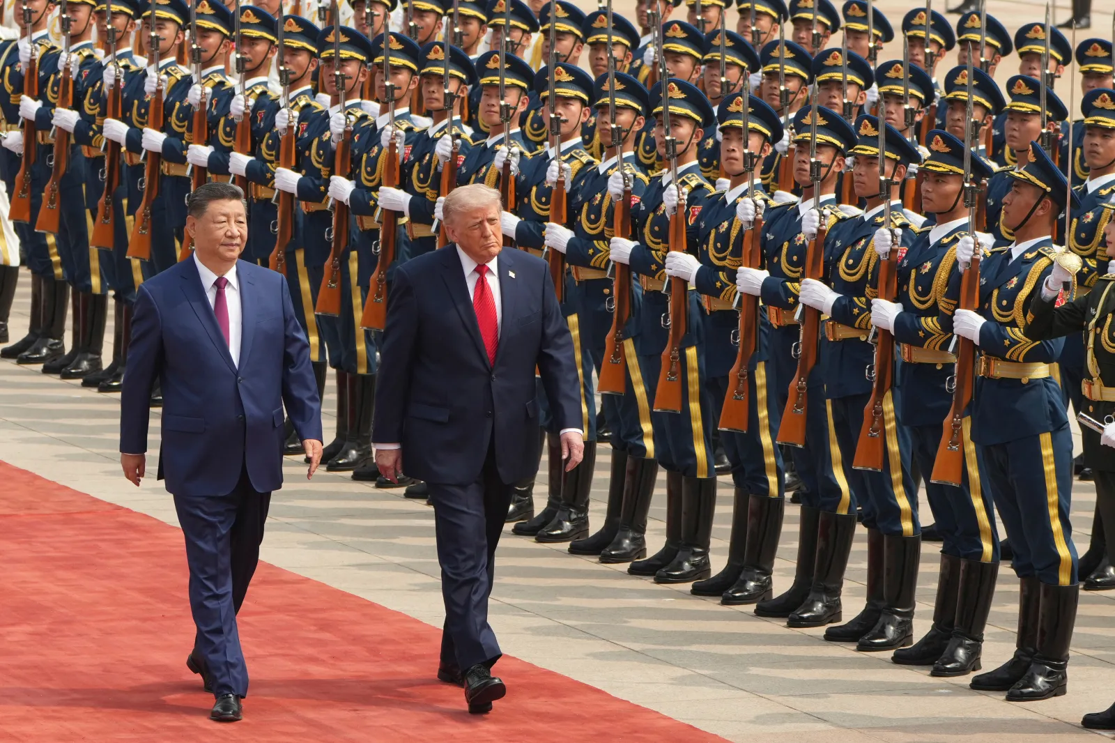 President Donald Trump participates in a welcome ceremony with China's President Xi Jinping at the Great Hall of the People, May 14, 2026, in Beijing.