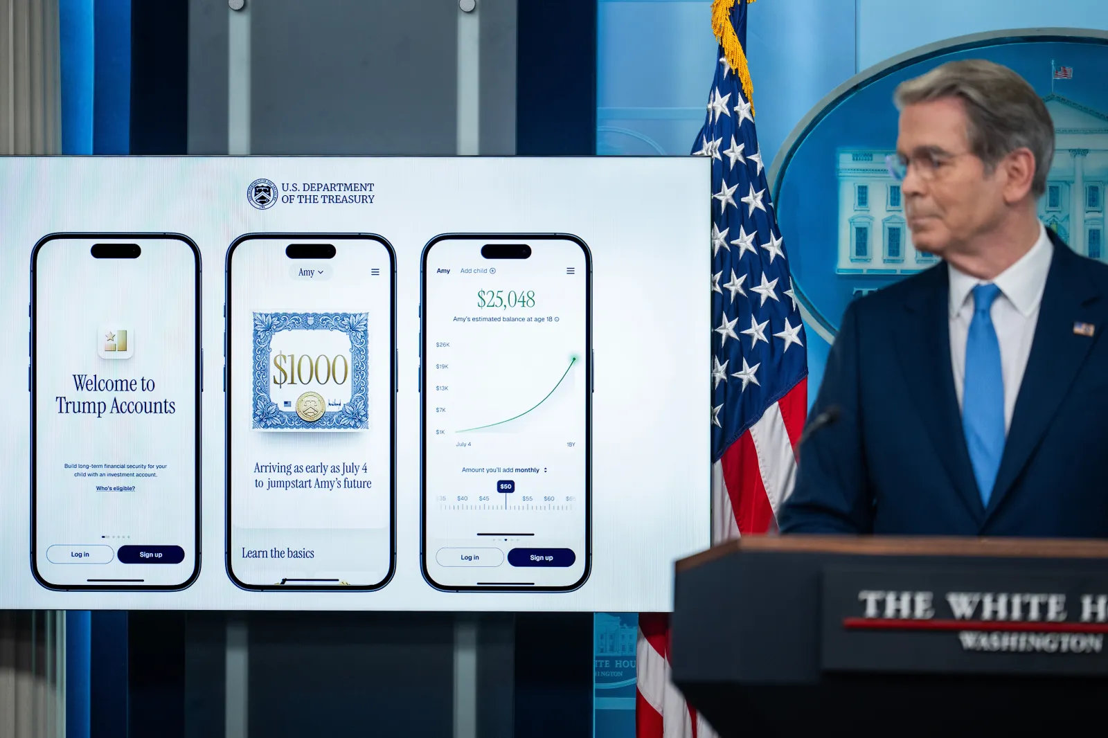 Treasury Secretary Scott Bessent addresses Trump Accounts at a White House press briefing on May 28, 2026.