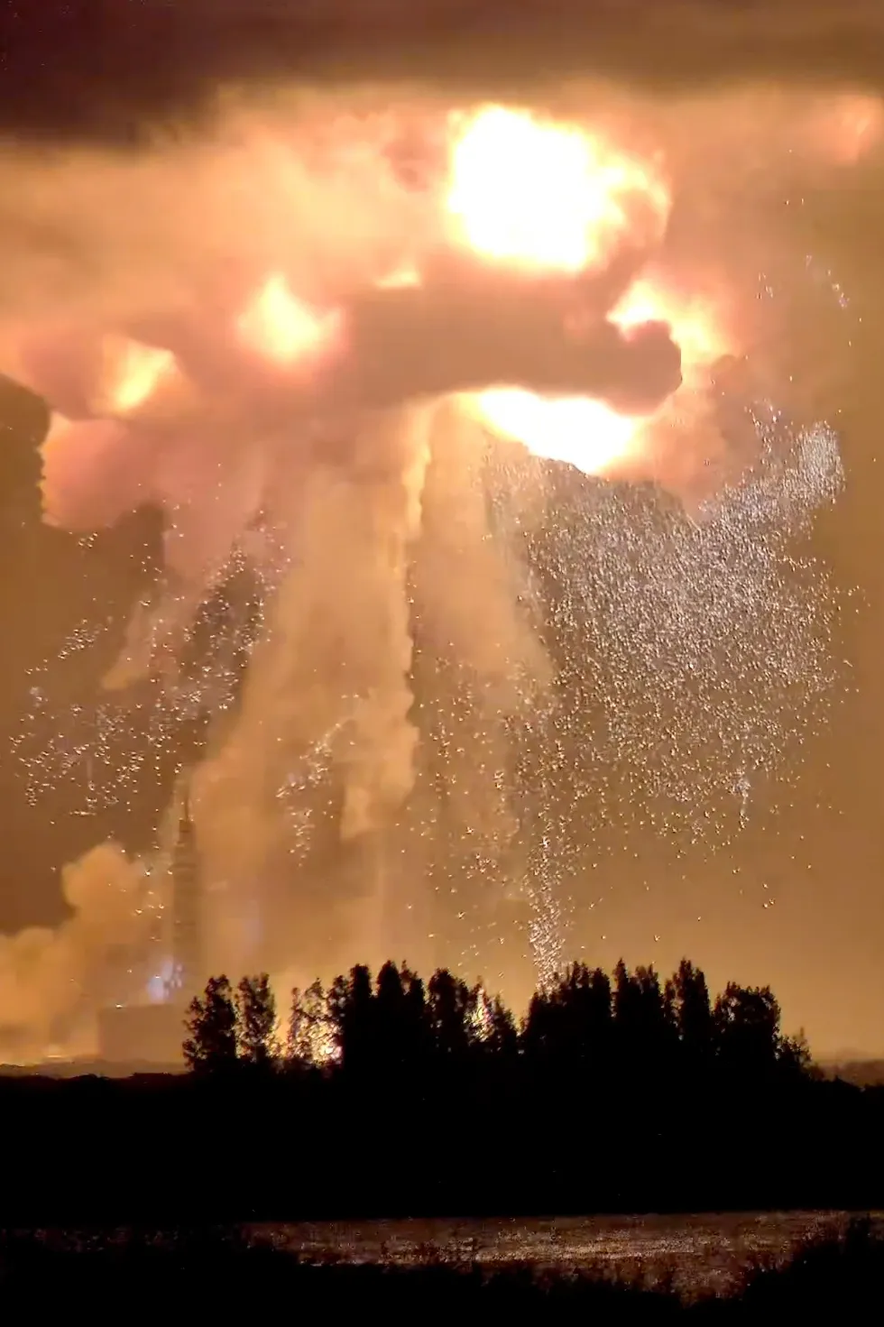 A Blue Origin New Glenn rocket explodes during an engine-firing test on Thursday, May 28, 2026, in Cape Canaveral.