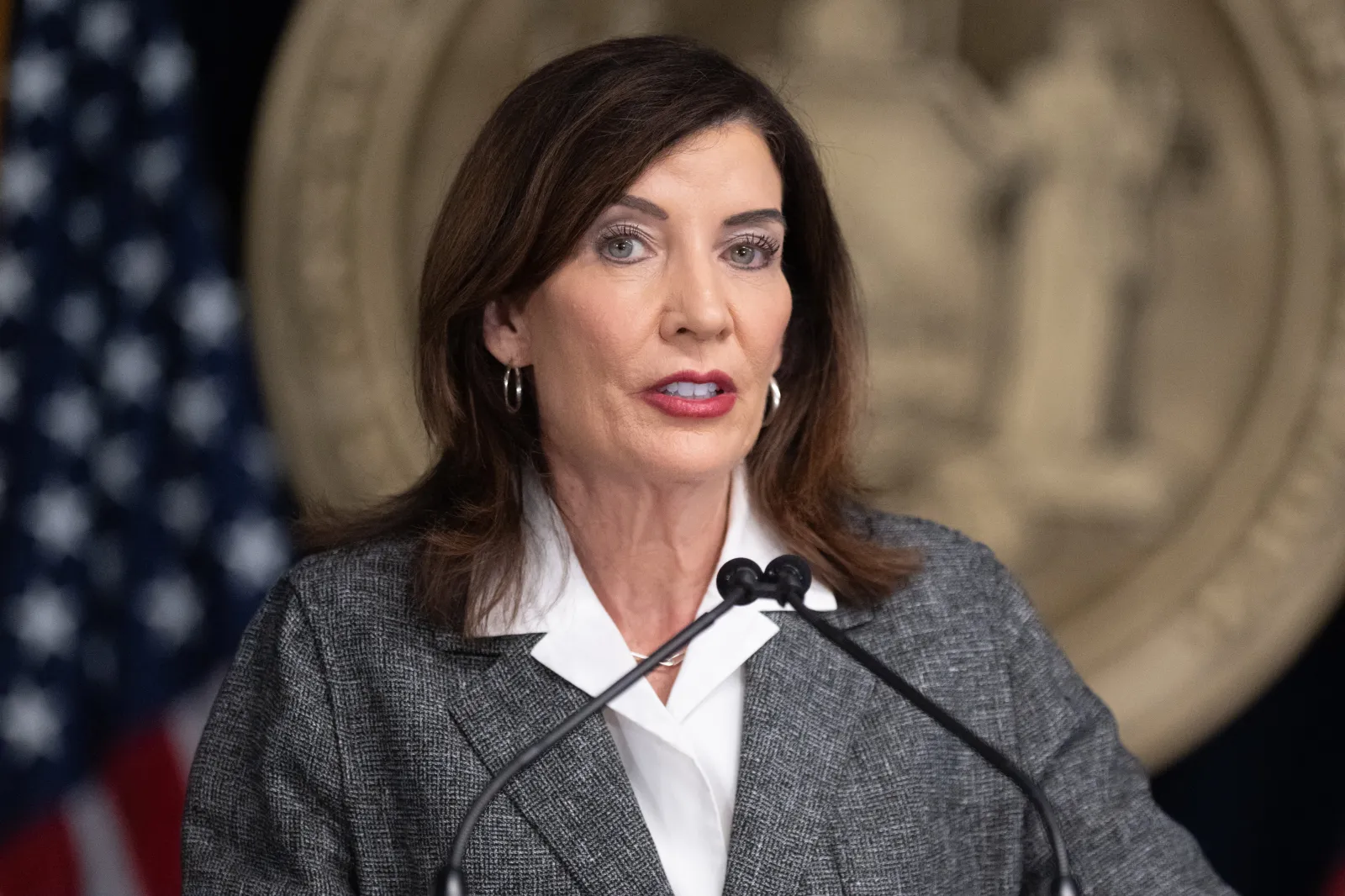 New York Governor Kathy Hochul holds a roundtable discussion with community leaders and highlights new laws to protect New Yorkers and stand against ICE overreach, in New York City on May 29.