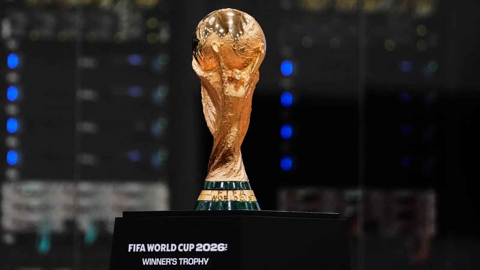 The FIFA World Cup trophy is displayed during the opening ceremony of the International Broadcast Center in Dallas on June 1, 2026.