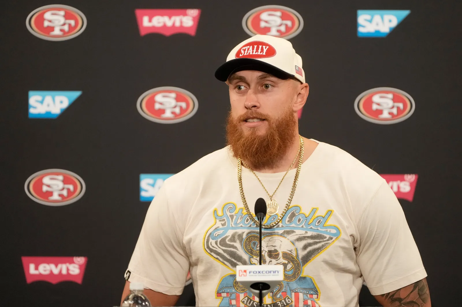 San Francisco 49ers tight end George Kittle speaks at a news conference in Santa Clara, California, on June 3, 2026.