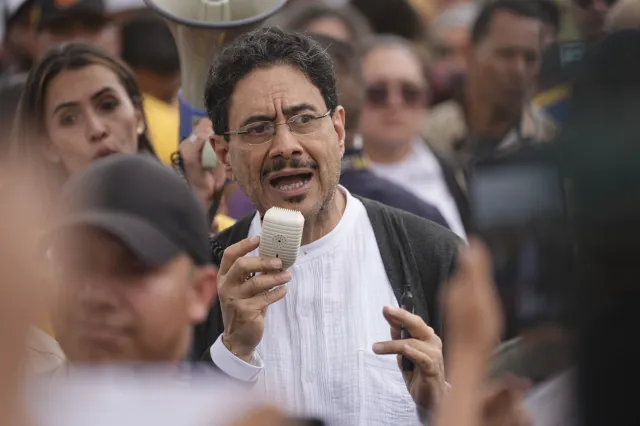Presidential candidate Ivan Cepeda of the ruling Historic Pact coalition speaks during a campaign-sponsored soccer match in Bogota on June 7.