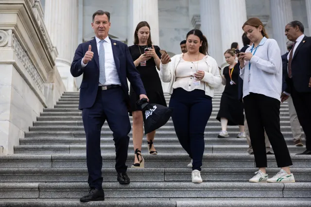 Representative Tom Suozzi (D-N.Y.) gives a thumbs-up as he departs a vote at the U.S. Capitol on June 8, 2026.