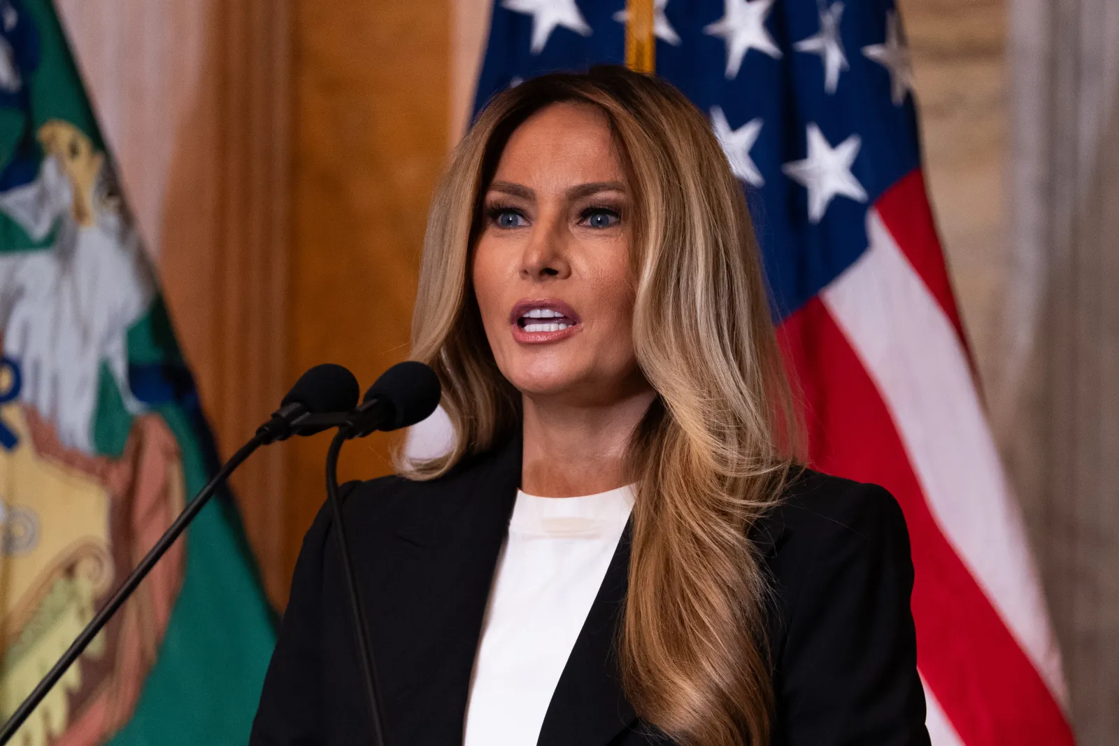 First lady Melania Trump speaks about Trump Accounts for children in foster care at the Treasury Department on June 11, 2026.