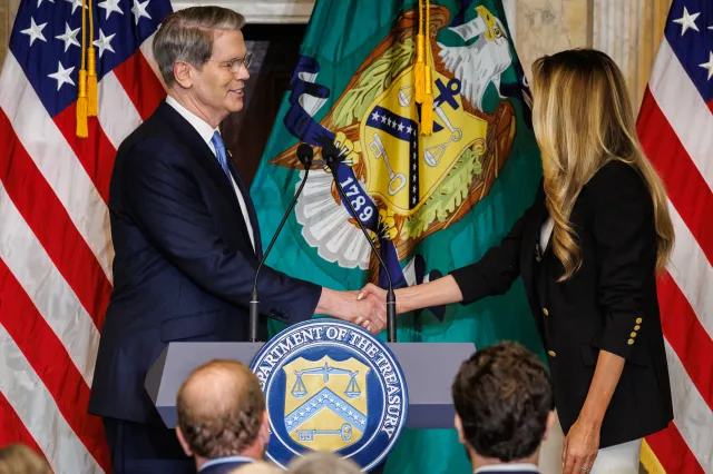 First lady Melania Trump and Treasury Secretary Scott Bessent announce the launch of Fostering the Future Accounts on June 11, 2026.