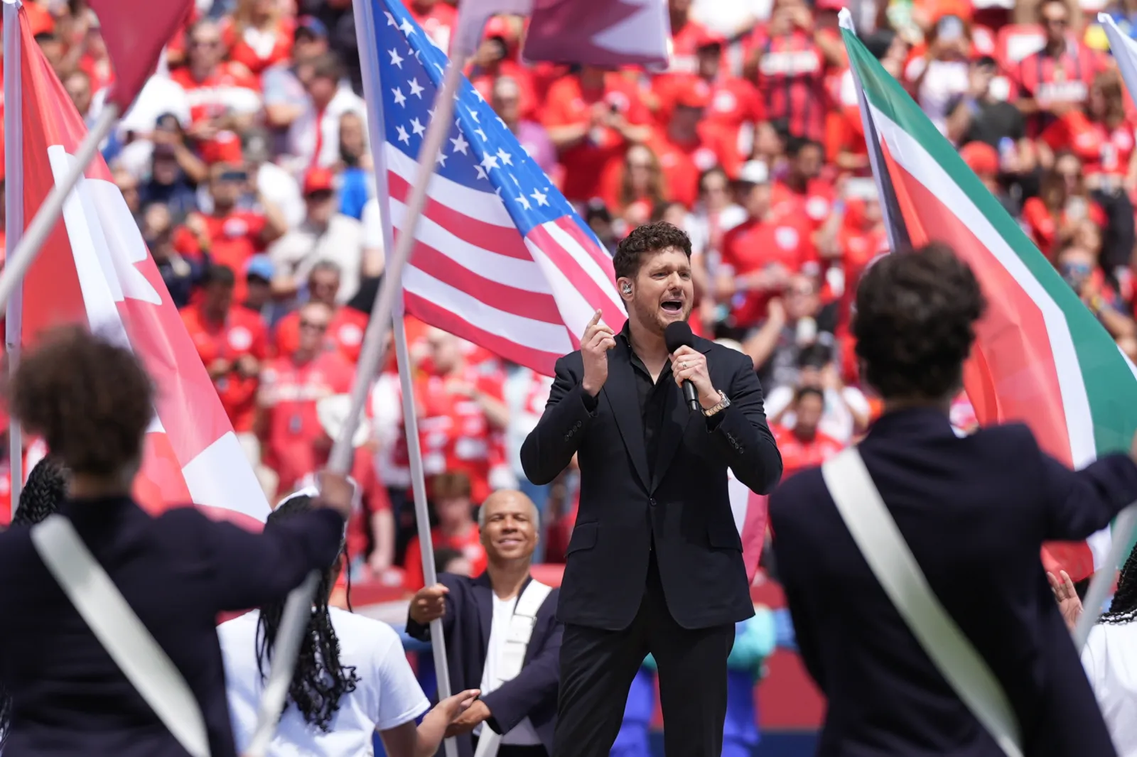 Canadian singer Michael Buble performs ahead of the start of the World Cup Group B soccer match between Canada and Bosnia in Toronto, Friday, June 12, 2026.
