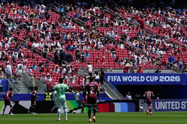 Empty seats are seen during the World Cup match between Qatar and Switzerland in Santa Clara, California, Saturday, June 13, 2026.