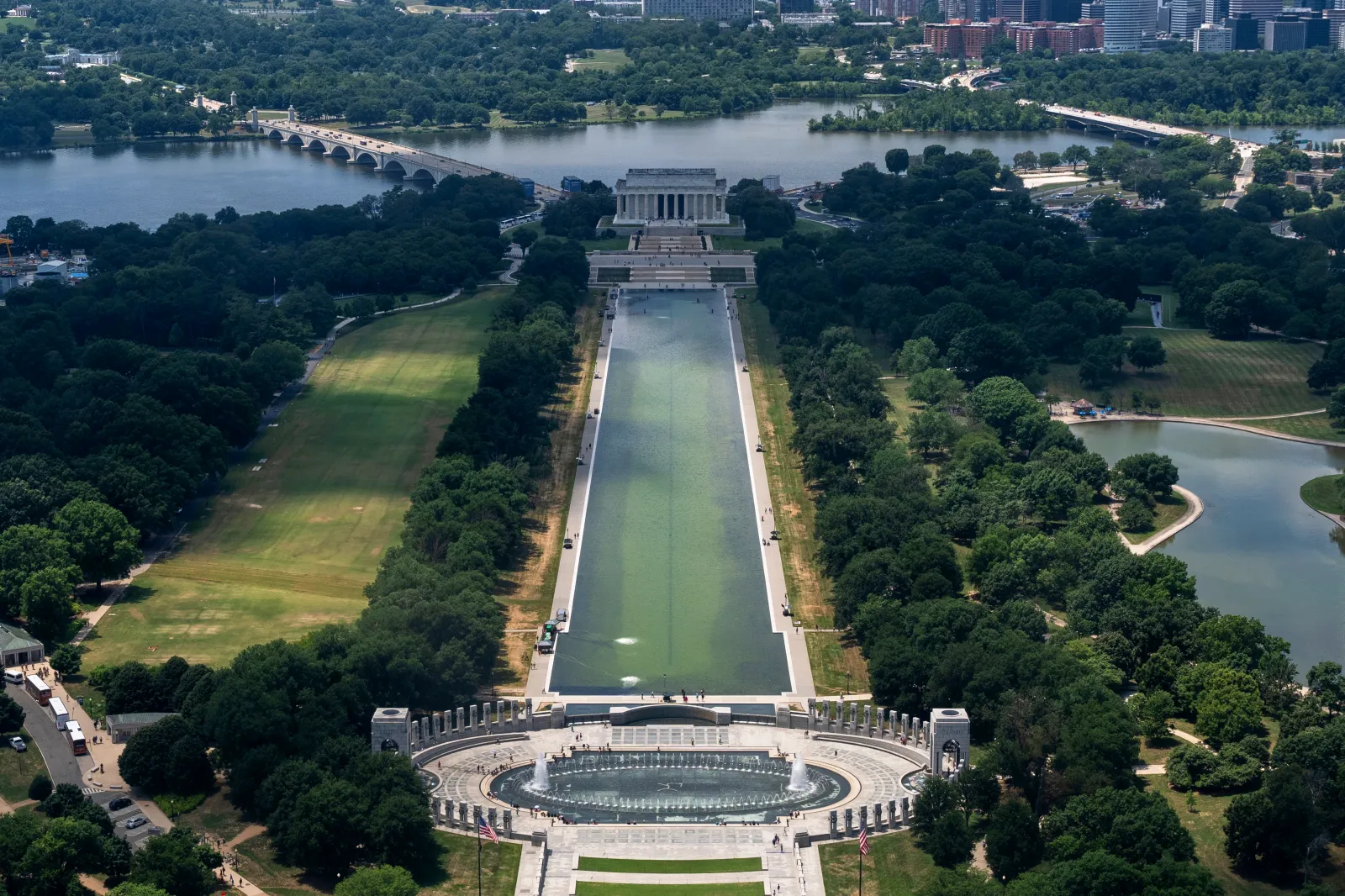 The newly refurbished green algae contaminated Lincoln Memorial Reflecting Pool as seen from the Washington Memorial on the National Mall, Wednesday, June 17, 2026, in Washington, D.C.