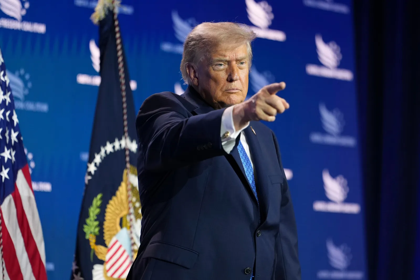 President Donald Trump addresses the crowd as he departs after speaking at the Faith and Freedom Coalition's policy conference at the Washington Hilton, Friday, June 26, 2026, in Washington.