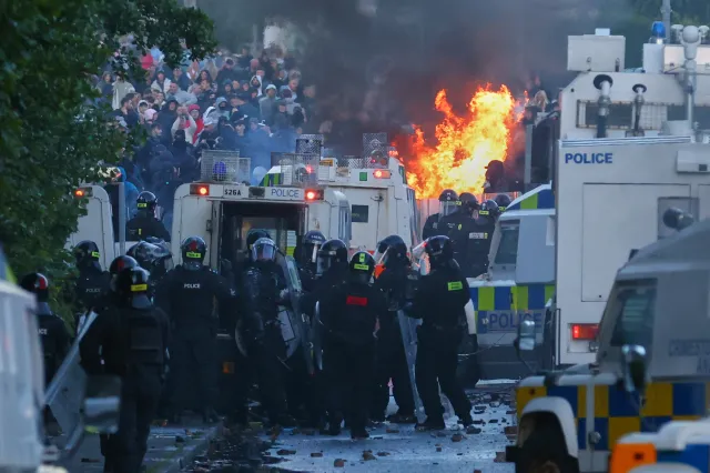 Police attempt to clear protesters in north Belfast on Wednesday, June 10, 2026.