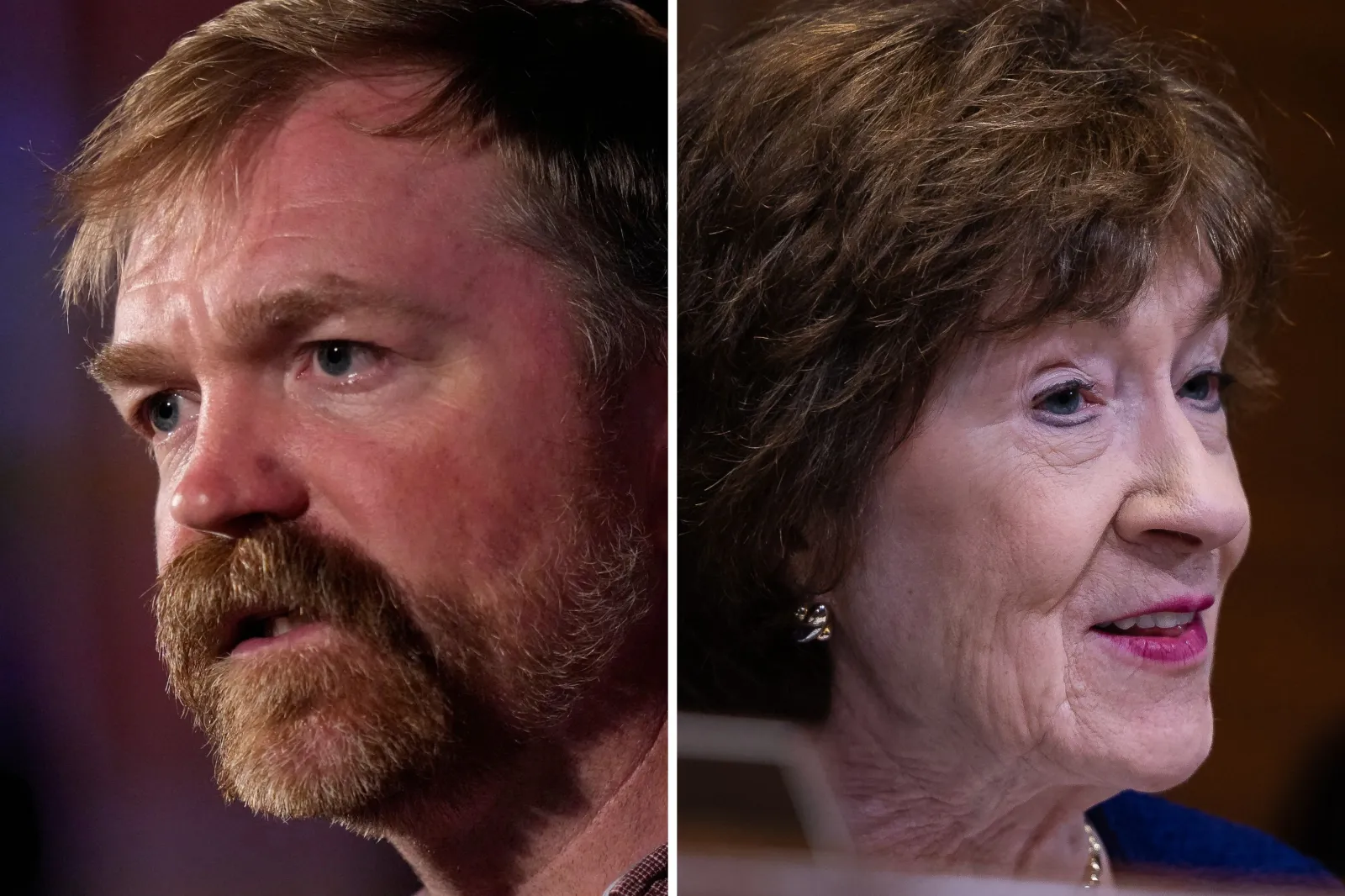 Graham Platner, Democratic candidate for U.S. Senate, speaks at a campaign event on June 5, 2026, in Bar Harbor, Maine; Senate Appropriations Committee Chair Susan Collins (R-Maine) is seen during a Senate Appropriations Subcommittee on Homeland Security hearing on Capitol Hill on June 2, 2026.