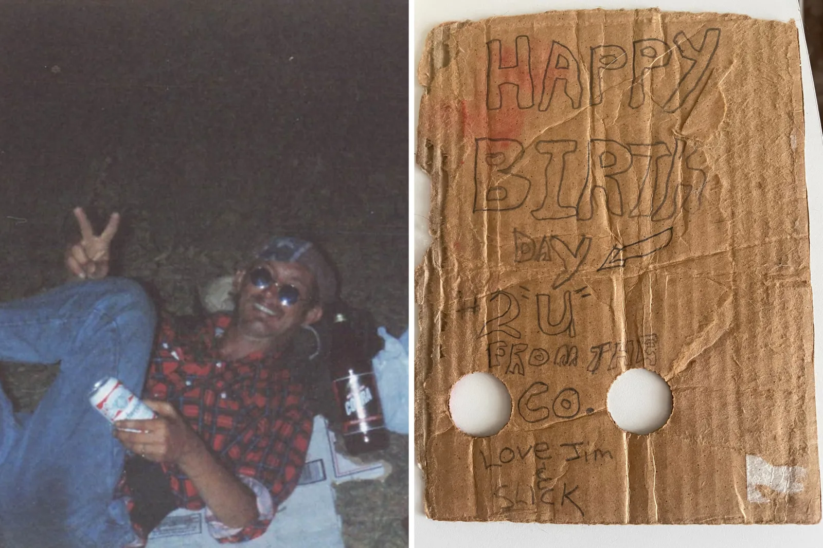 Left: Jimbo. Right: A birthday card made from cardboard Jimbo gave Cathlin when she turned 13.