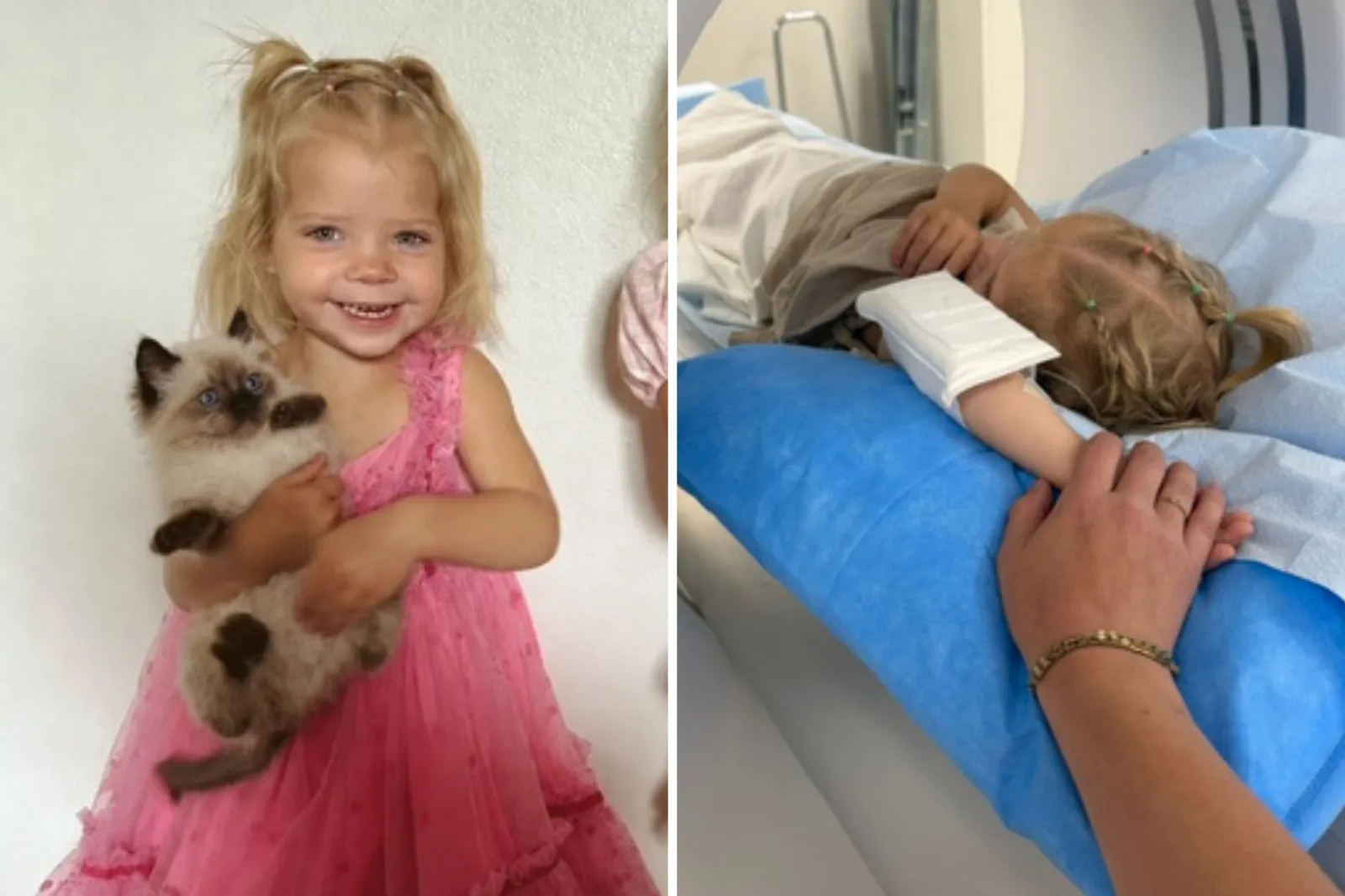 Adalae smiling while holding a kitten. Holding her mother's hand as she gets an MRI.