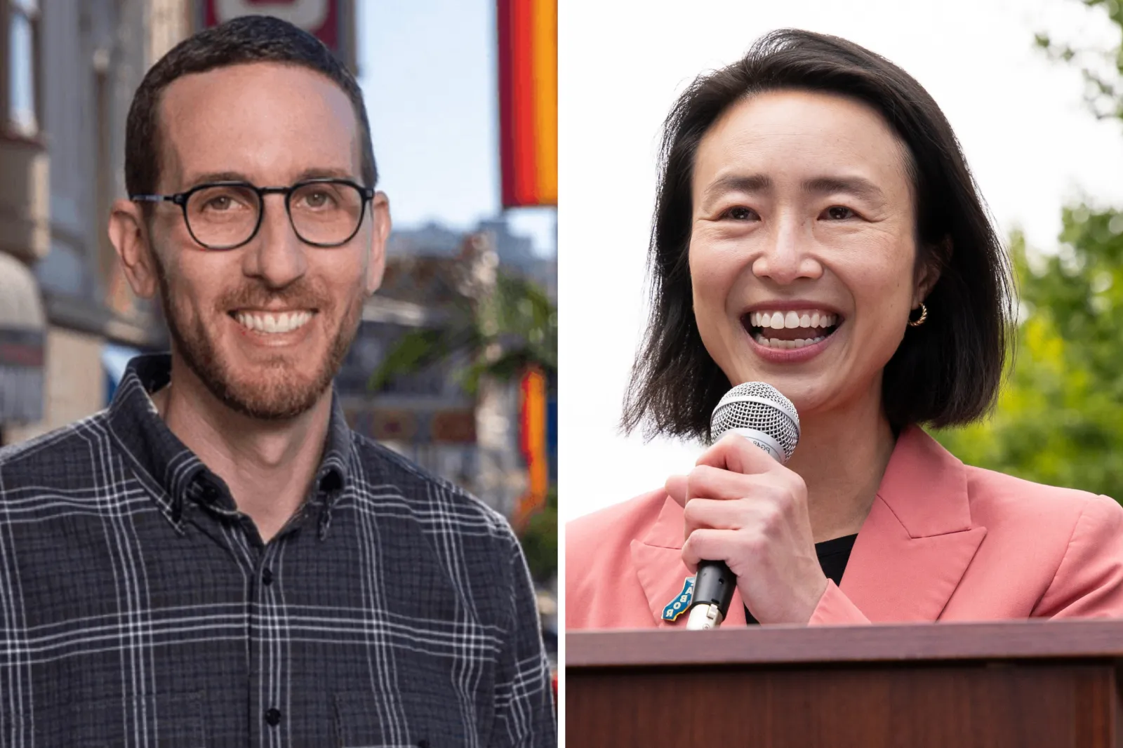 Left: Scott Wiener campaign image taken from his website. Right: Connie Chan speaks at a 