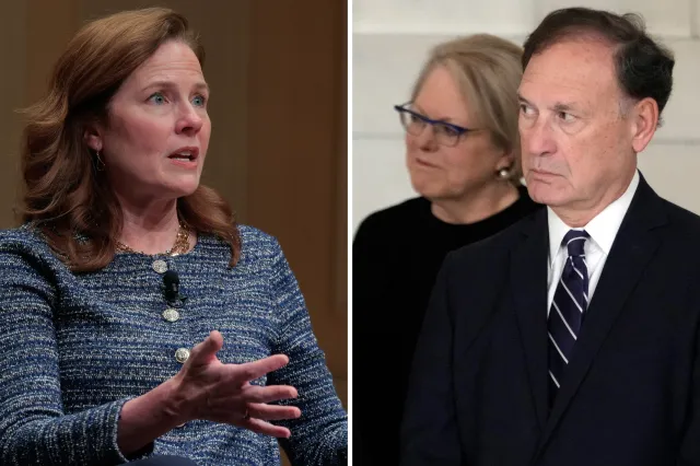 Left: U.S. Supreme Court Associate Justice Amy Coney Barrett participates in the Supreme Court Fellows Program Annual Lecture in the Coolidge Auditorium at the Library of Congress on March 12, 2026 in Washington, DC. Right: Supreme Court Justice Clarence Thomas and Justice Samuel Alito attend a private ceremony for retired Supreme Court Justice Sandra Day O'Connor before public repose in the Great Hall at the Supreme Court in Washington, DC, on December 18, 2023.
